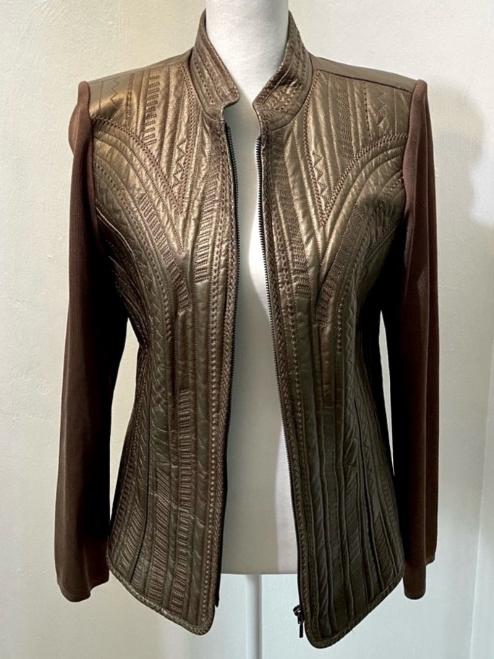 Vintage Peter Nygard Metallic Brown Quilted Leather Front Knit-Sleeve Jacket.S